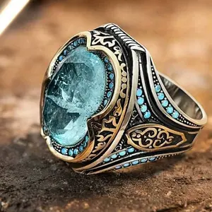 Vintage ring for men, blue Cubic Zirconia stone, suitable as wedding ring, Valentine's Day gift, Father's Day