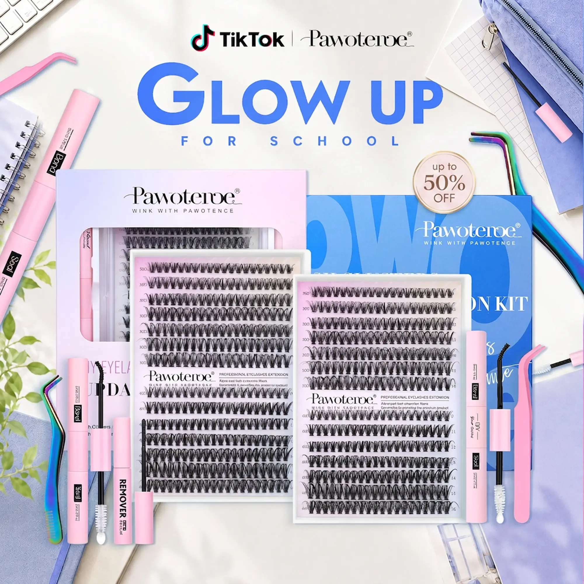 Pawotence Upgrade Lash Extension Kit DIY 280pcs Individual Lash Clusters Kit 30D&40D Cluster Eyelash Extensions Kit with Lash Bond and Seal, Lash Remover, Lash Tweezers for Self Use