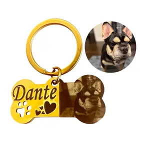 Pet Identification Keychain with Personal Photo and Name - Dante - Stainless Steel Gold Plated Bone-Shaped Tag for Dog or Cat - Customizable and sentimental Gift