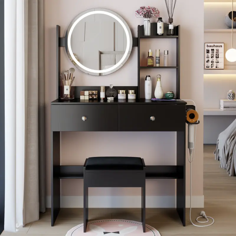 17" Round LED Mirror Vanity Table with Cushioned Stool, 2 AC & 2 USB Ports, Touch Switch,  Adjustable Brightness, Large Desktop, Multi-layer Storage