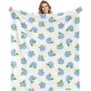 Hydrangea Floral Blanket Gifts for Women Girls Blue  Flannel Throw Blankets for  White Blue  Painting Blanket for Living Room Couch Bed Sofa Decor Birthday (50X60 Inch)