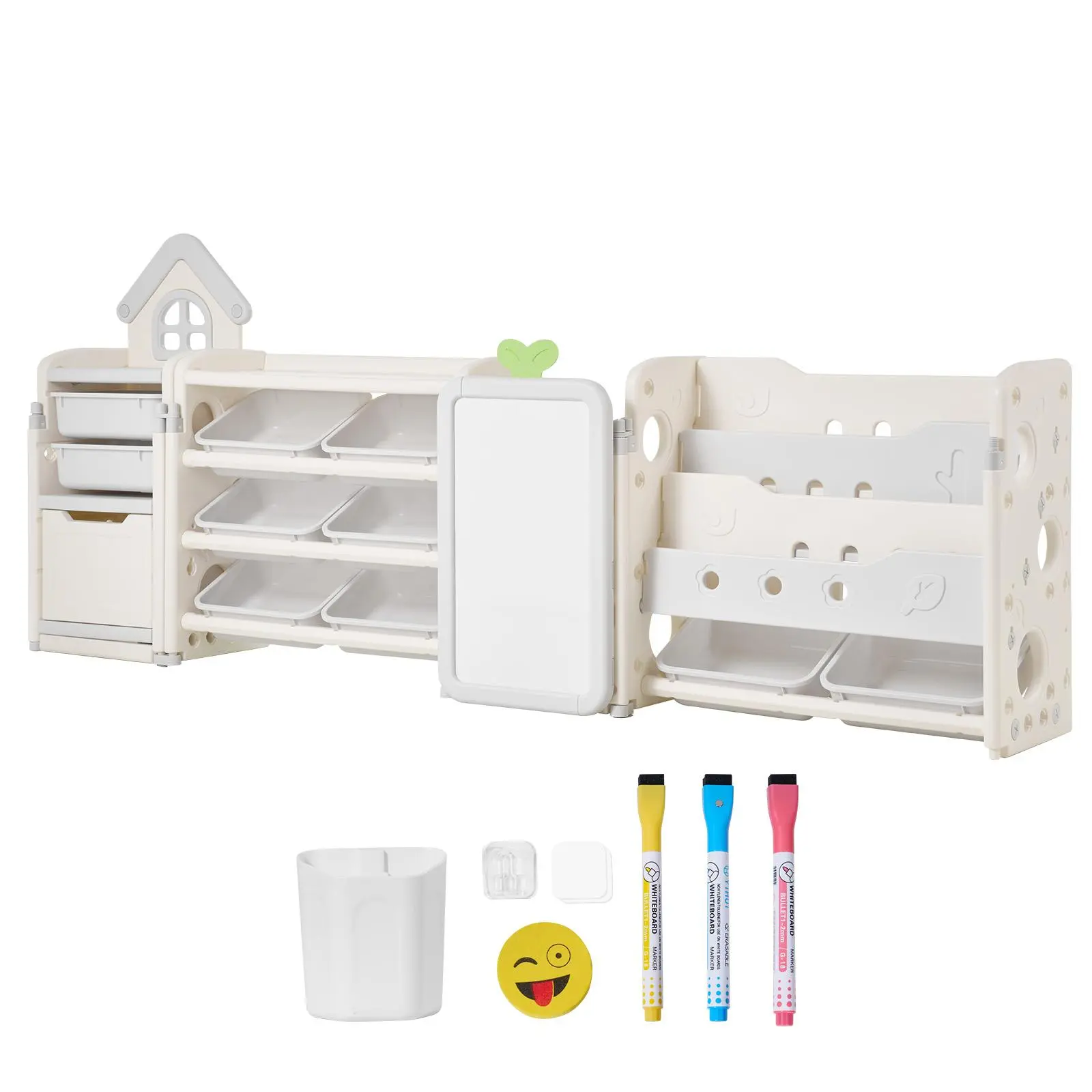 VEVOR Plastic Kids Cubby Cabinet with Bookshelf - 4-Tier Sturdy Toy Storage Organizer, 10 Movable Bins, Drawing Board, Easy Setup, Anti-Tipping - Father's Day Gift for 6-8 Years Olds' Playroom, Living Room