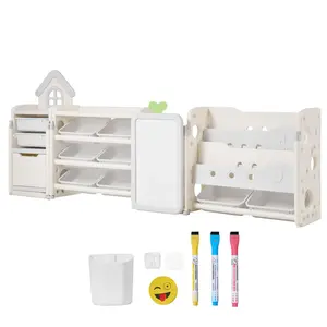 VEVOR Kids Toy Storage with Bookshelf,  4-Tier Large Toy Storage Organizer with 10 Plastic Movable Bins, Kids Cubby Cabinet with Bookshelf and Drawing Board for Study Room, Playroom, Classroom, Nursery
