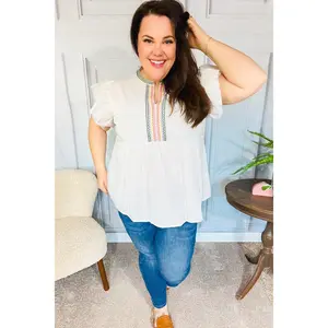 Weekend Ready Taupe Embroidered Notched Neck Babydoll Top