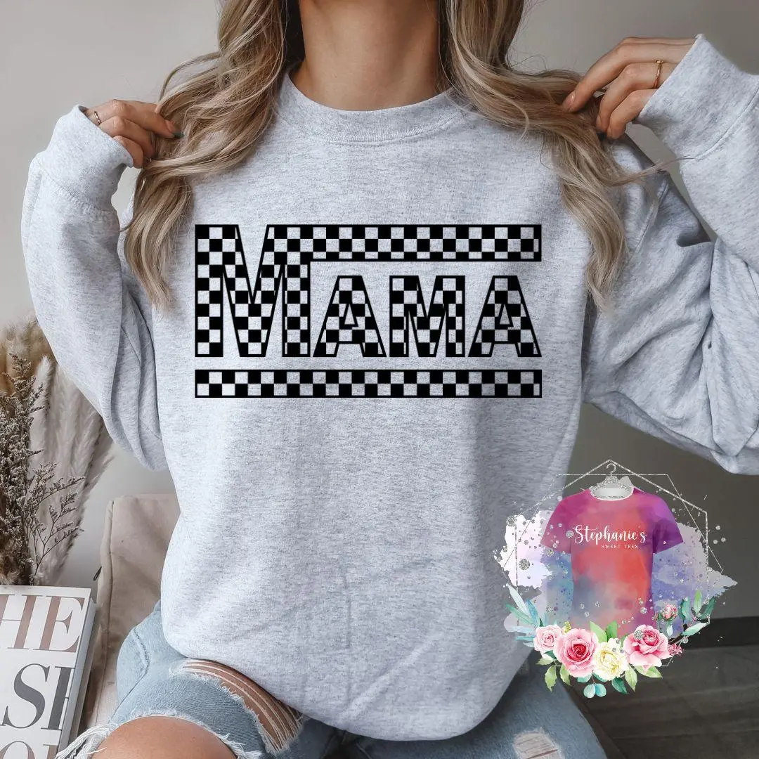 Mama Checkered Crewneck Sweatshirt Gildan Fit Womenswear, Sweatshirt, Hoodie