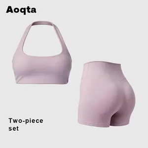 Aoqta Women's Halter Neck Open Back Yoga Set Sexy Slim Fit Butt-Lift Crop Top & High-Waisted Shorts Stretch Activewear for Gym Streetwear Daily