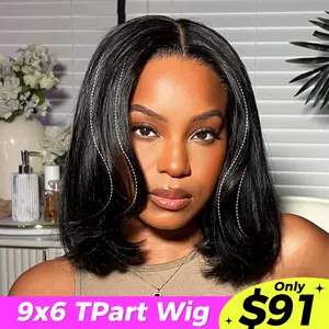 OQ Hair Full 220% Density Wear Go 9x6 Tpart Layered Cut Yaki Straight Bob Wig Reddish Brown Color Ear To Ear Deep Part Lace Glueless Wig Human Hair Pre Bleached Tiny Knots With Drawstring