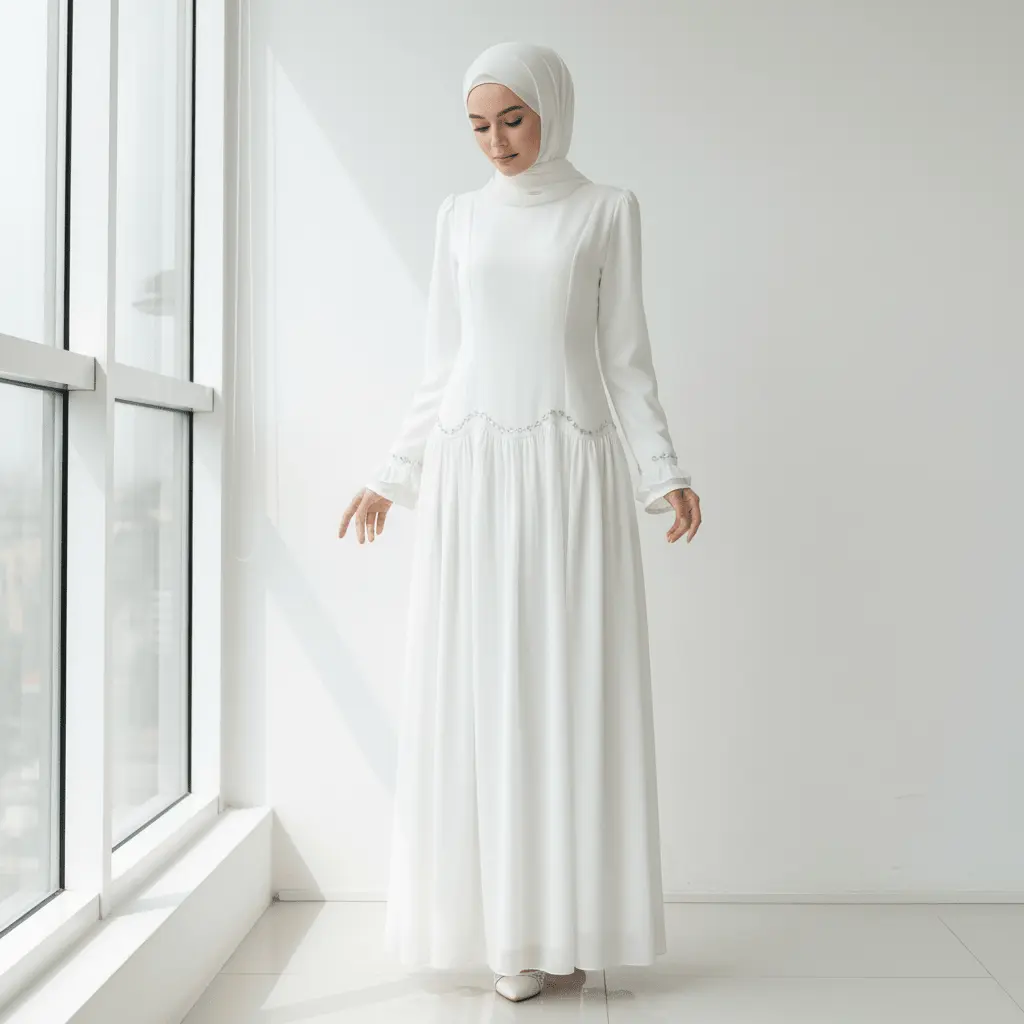 Women's Muslim Modest Dress with Crystal Waist Chain, Ruffle Cuffs (MS306), Muslim Dress, Modest Dresses
