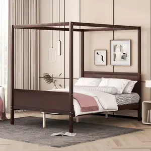 Queen Size Canopy Bed Frame with Headboard and Footboard, Espresso Wood Bed Frame, Slat Support, 500 lbs Capacity, for Modern Bedrooms, Queen Bed Frame