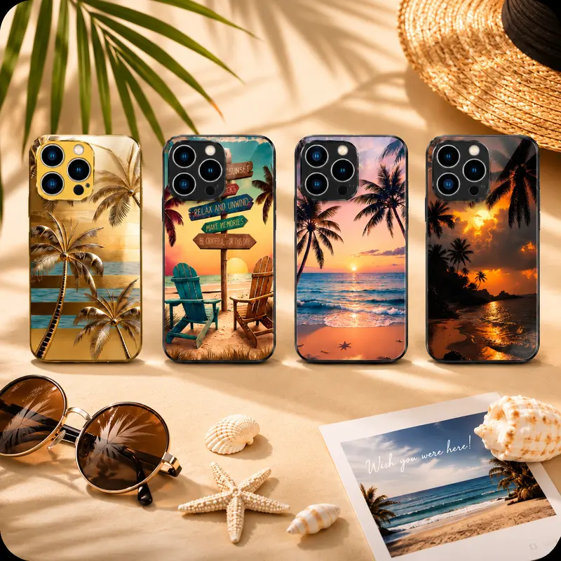 Only Summer Vibes! Sunset Beach Palm Tree Case for iPhone 18 17 16 15 Pro Max, Tropical Vacation Aesthetic Cover, Must-Have Travel Accessory 2026---985