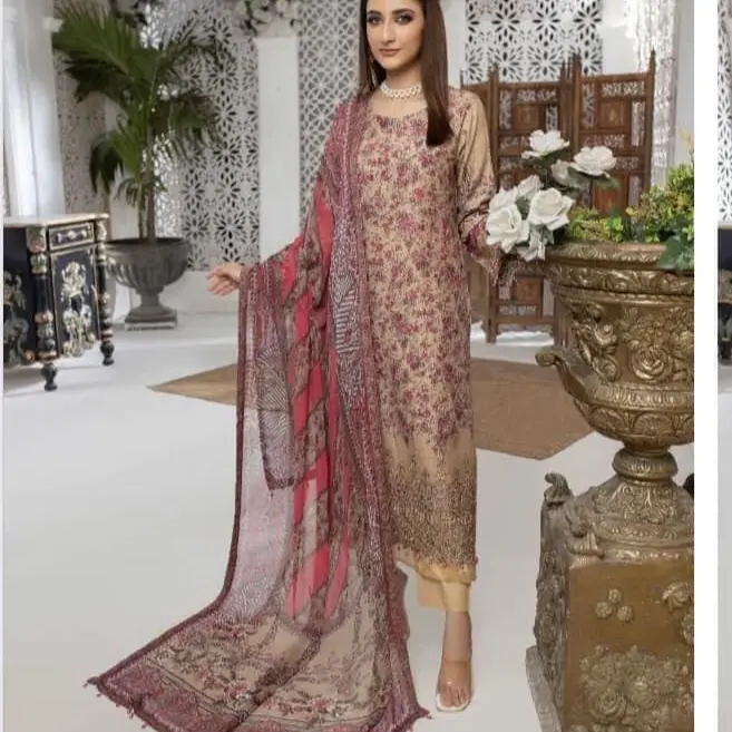 chinese dress ladies Floral Embroidered Viscose Linen 3 Pc Pakistani Dress main image 0