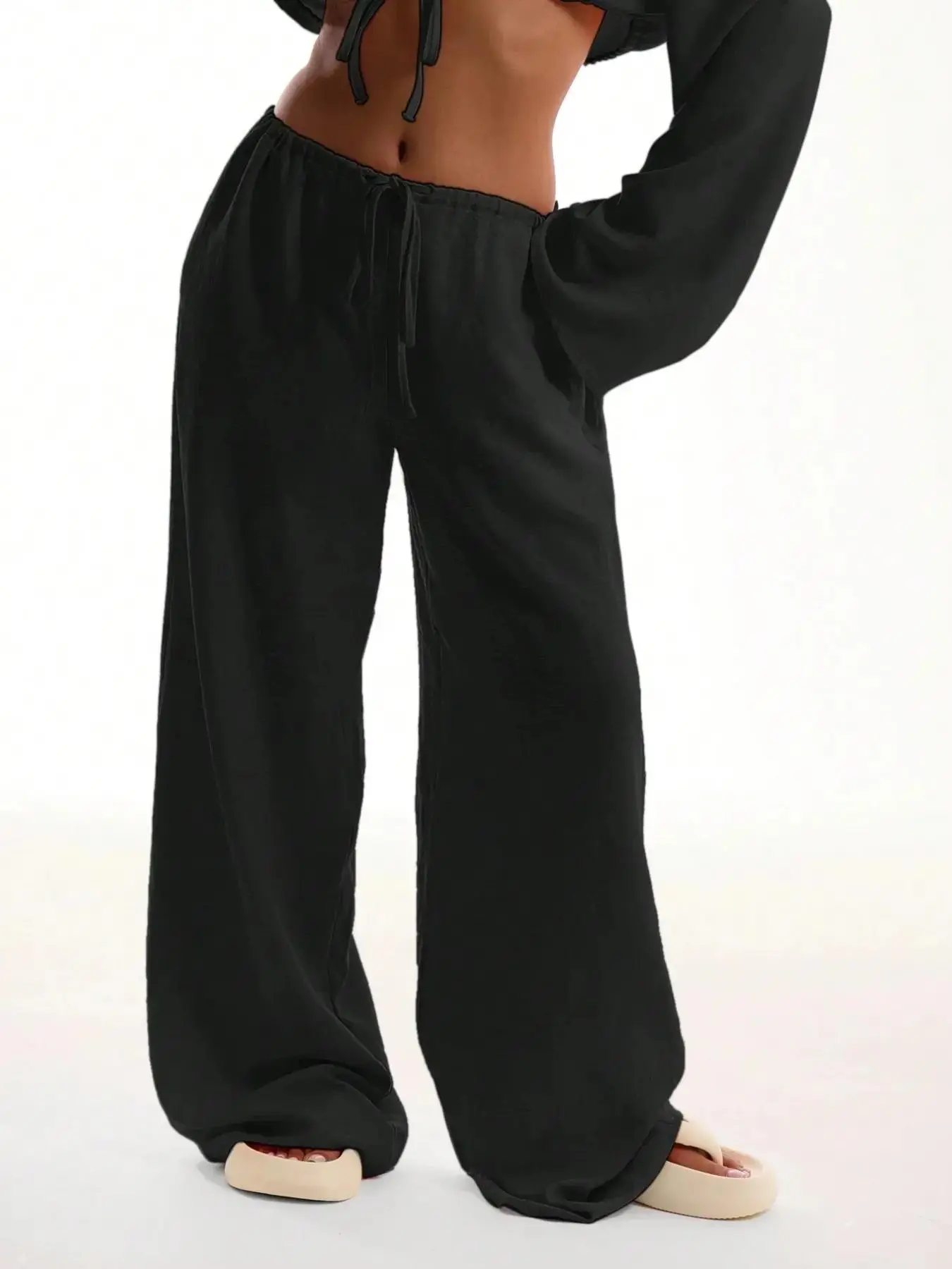 2026 Breathable Cotton Gauze Fabric White Drawstring, Elastic, Adjustable Waist Wide Leg Palazzo Pants, Casual/Beach Wear, Loose Fit With Pockets, Lightweight Flowy Trousers For Women, Bohemian, Boho Summer Aesthetic
