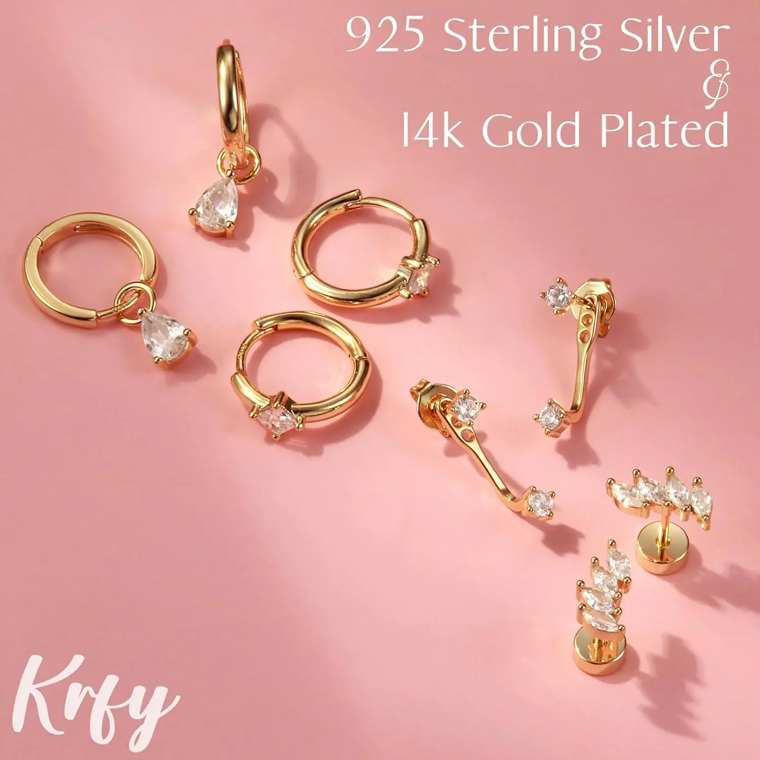 KRFY 4 Pairs Gold Earring Set | S925 Sterling Silver Post & 14K Gold Plated | Adjustable Ear Jackets, Huggie Hoops & Tiny Ear Climbers | Hypoallergenic Piercing Stack for Women DealsForYouDays