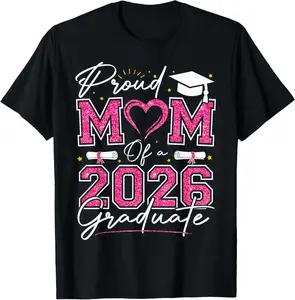 100% Cotton Proud Mom of A 2026 Graduate Senior 2026 Pink Gold Vibes T-Shirt