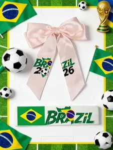 2PCS Brazil Football 2026 World Cup Fans Headband and Satin Bow Set, Hairwraps, Brazilian Flag Soccer Game Hair Accessories for Women Girls, World Cup Match Day Cheering Props, Trendy Sporty Hair Decor for Soccer Fans, High Quality Satin Ribbon Bow