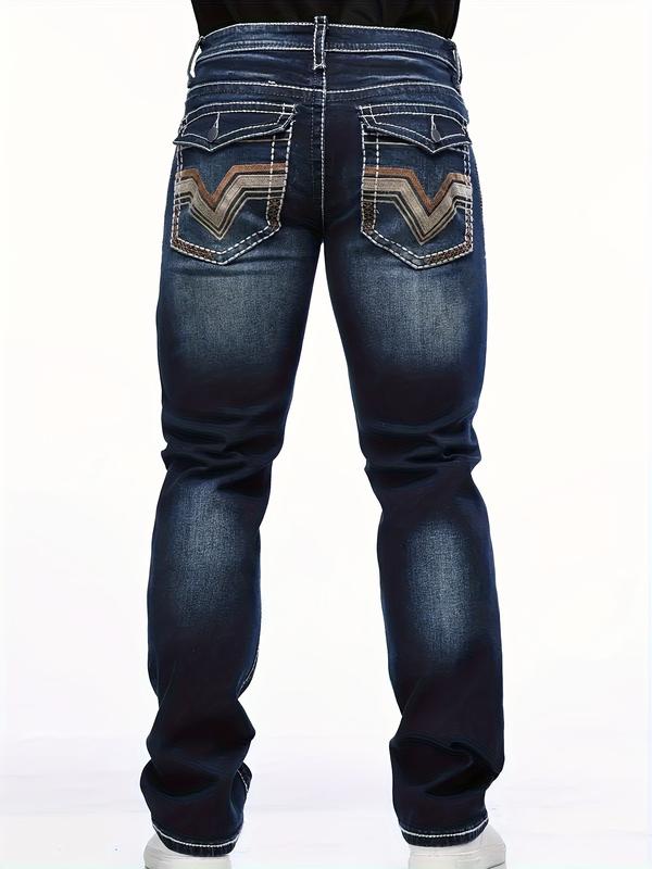 Men's Slim Straight Dark Wash Jeans with Thick Contrast Stitching for Comfort and Style