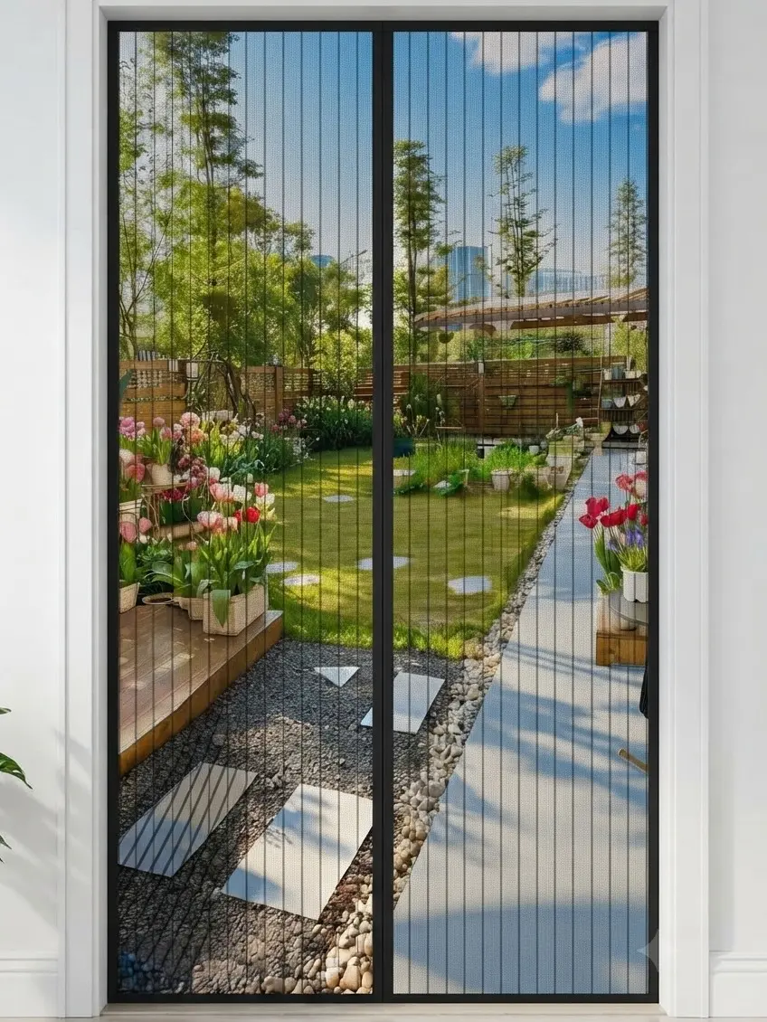 Magnetic Screen Door -Fit Door Size 30.0 x 80.0'' Retractable Screen Door Mesh for Front Door or Sliding Door, Pet & Kid Friendly, Hands-Free Closure Keeps Bugs Out & Lets Breeze in, Stripe Black