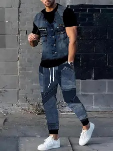 Men's Patchwork Denim Pattern Print Fashion Casual Set, Trendy Workwear Two-Piece, Stylish Men's Clothing