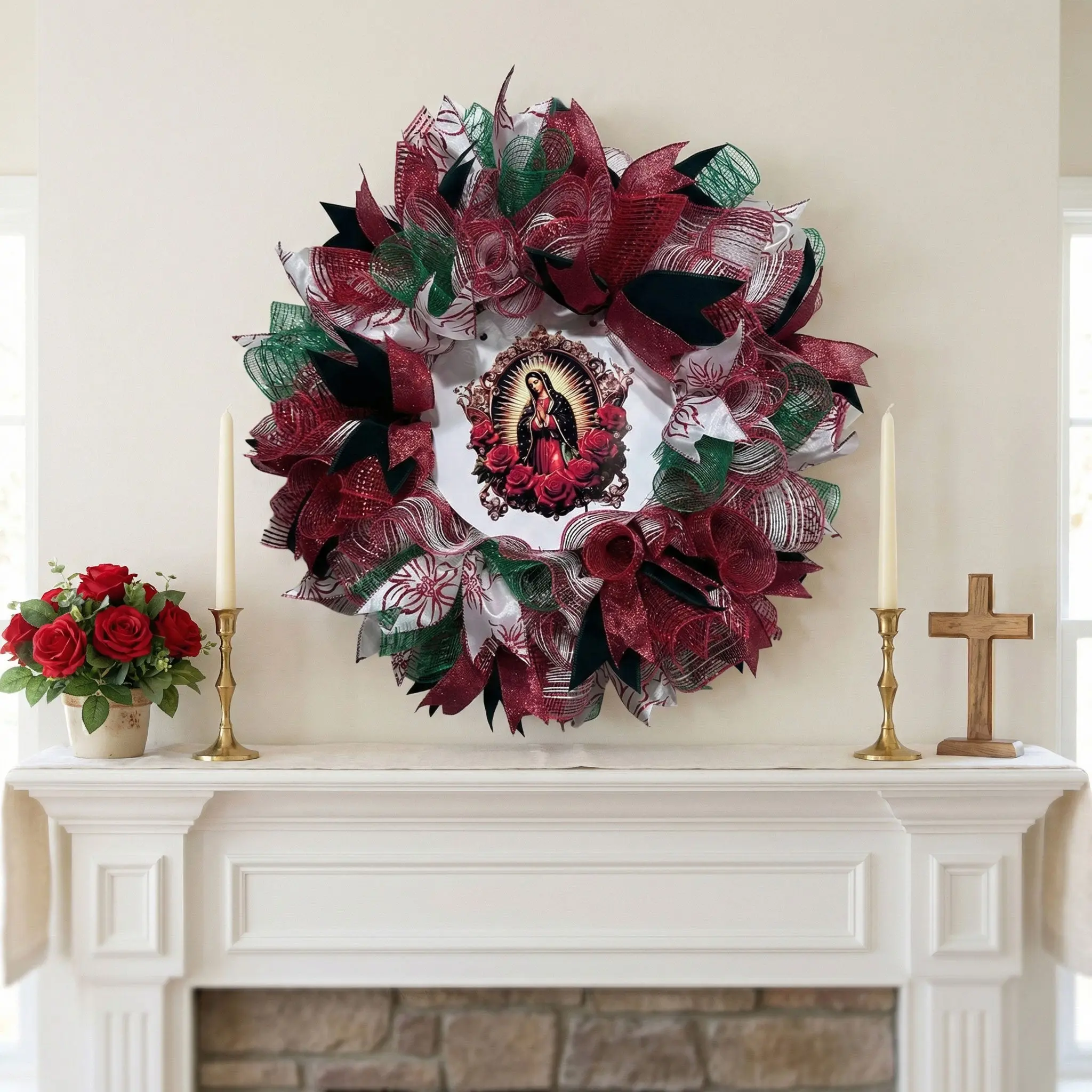 Our Lady of Guadalupe Mesh Wreath - Roses Edition