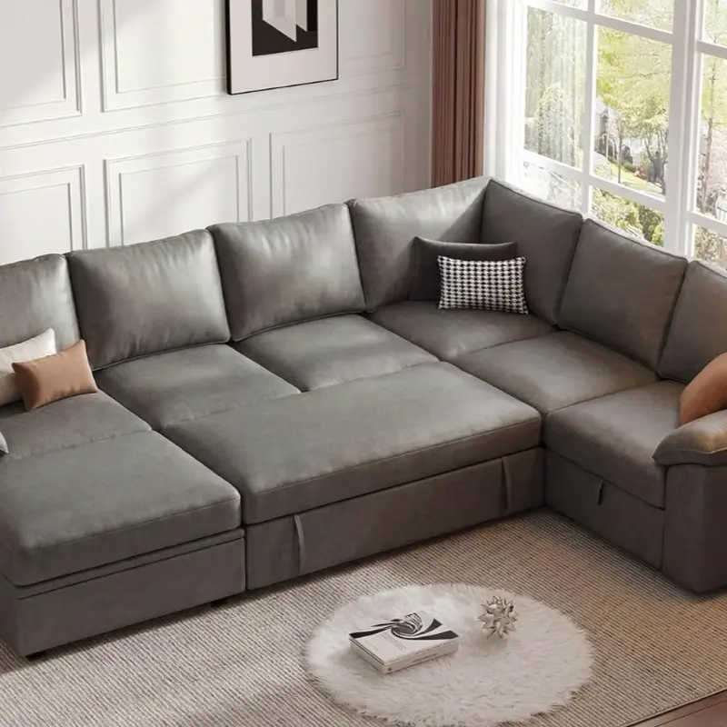108 Inch Faux Leather Modular Sectional Sofa with Pull Out Bed,U Shaped 7 Seat Sectional Sleeper Sofa with Storage, Sectional Couches for Living Room, Cloud Modular Couch,Gray Leather