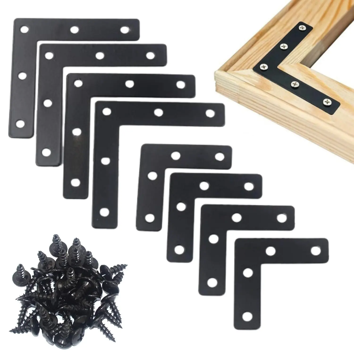 Black Metal L-Shaped Corner Braces (2 Sizes: 3-1/8 in & 2 in, 4.8mm Spec) - 20 Pieces with 90 Screws, Mending Plate Repair Support for Desk, Chairs, Furniture