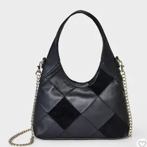 Square Patchwork Mini Slouchy Chain Handbag -Black