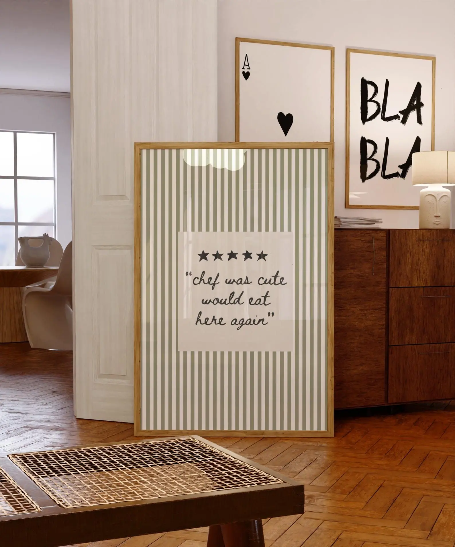 Chef Was Cute Kitchen Print, Funny Quote Wall Art, Sage Green Striped Poster, Minimalist Neutral Kitchen Decor