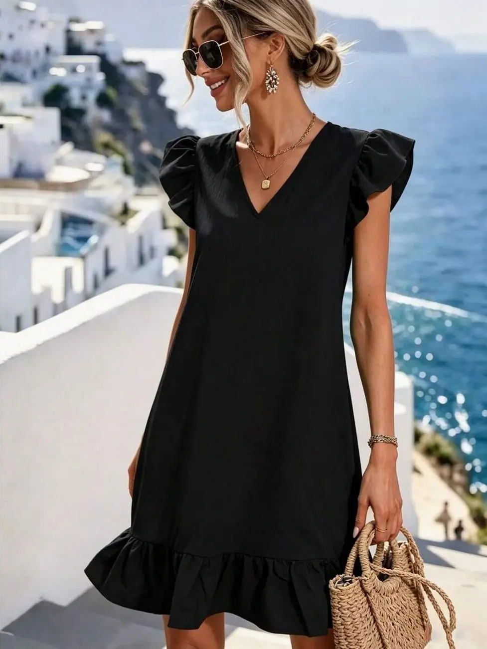V-Neckline Ruffle Trim Smock Dress, Lightweight Sleeveless Casual Summer Beach Dress