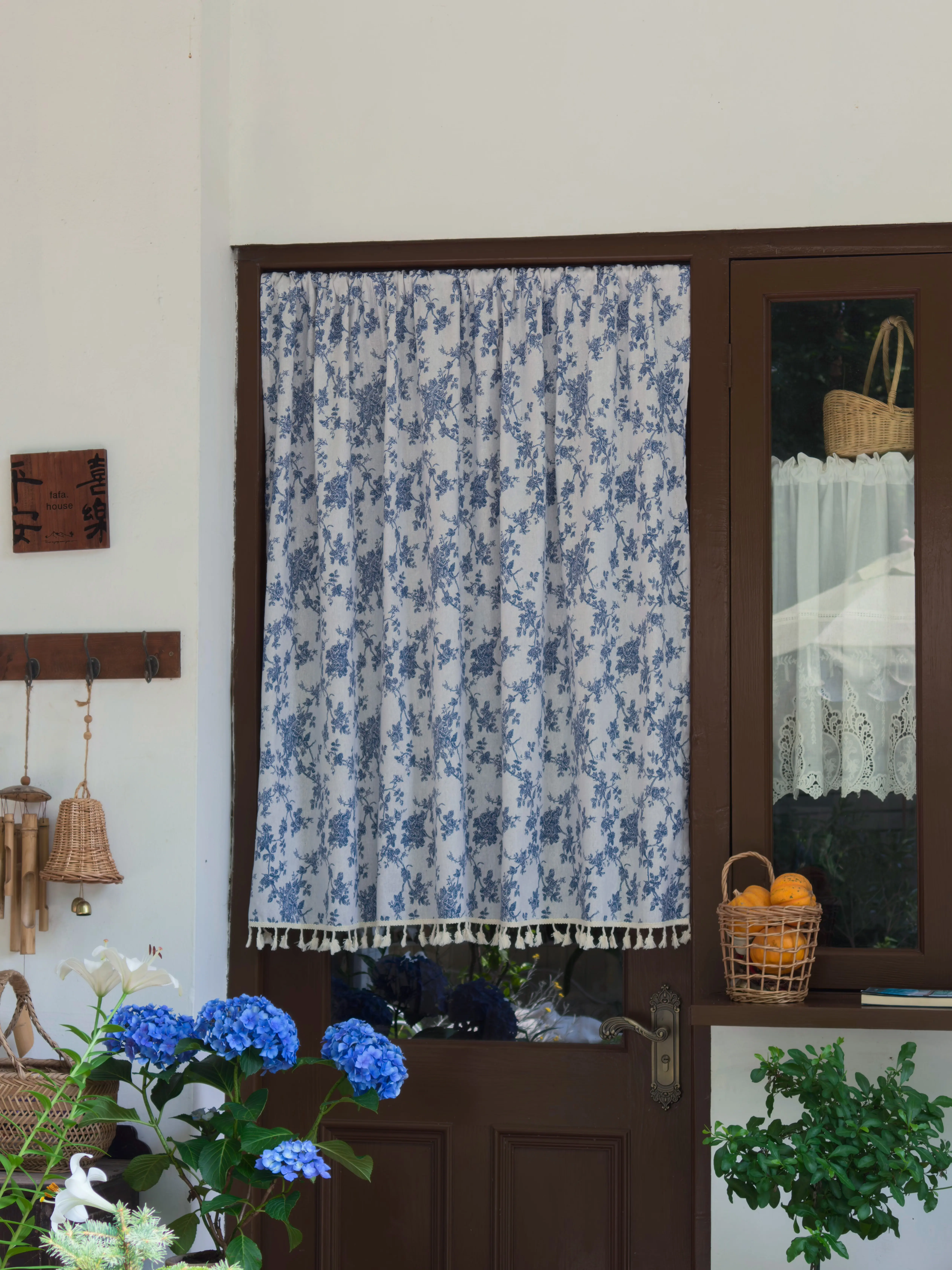 Blue Floral Room Decor Curtain, Vintage Farmhouse Door Curtain with Tassel Trim, French Country Kitchen Cabinet Curtain, Boho Floral Window Curtain for Bedroom, Living Room, Entryway & Home Decor(Rod Not Included)