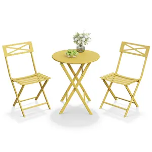 Folding & Weather-Resistant | 3-Piece Bistro Set Patio Furniture – Iron Table and 2 Chairs – Compact Outdoor/Indoor Garden Dining – Space-Saving Durable Easy Storage