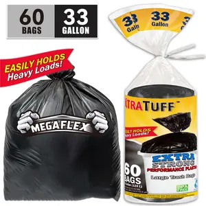MegaFlex 60 Bags 33 Gallon Disposable Large Garbage Puncture Tear Resistant Trash Bags Durable Leak Proof Easy To Use For Industrial Garden Home And Commercial Use