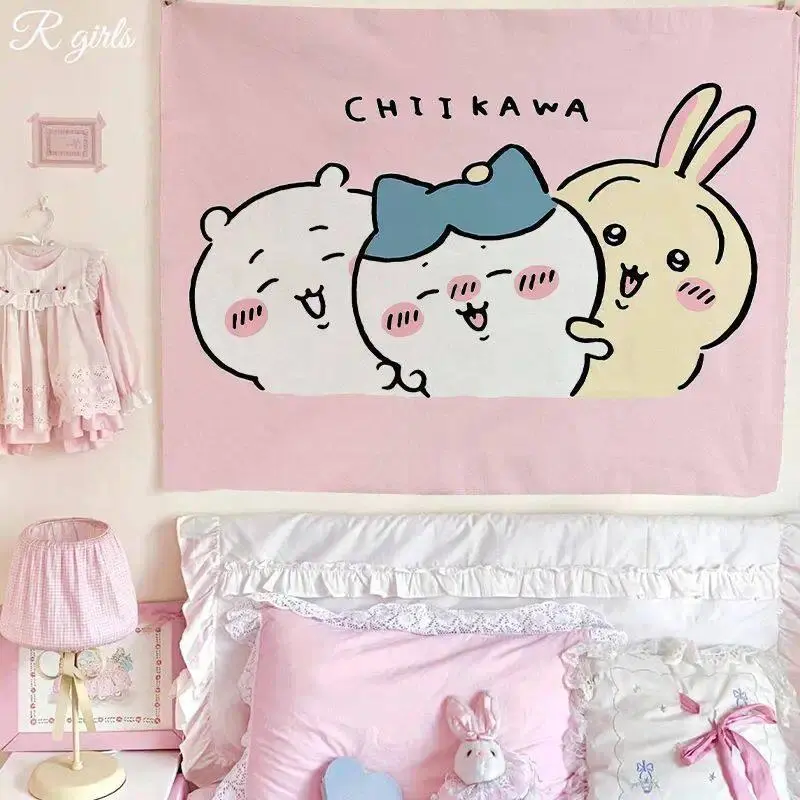 Chiikawa Wall Tapestry, Solid Pink Background Three Friends Hugging Anime Bedroom Wall Hanging