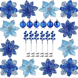 24pcs Christmas Poinsettia Flowers Decor Set, Christmas Tree Decorations,Artificial Christmas Flowers,Glitter Berries Stems,Christmas Balls,Silvery Clip,Home Decor, Xmas Tree Ornaments, Holiday Decorations, Seasonal Home Decor, blue