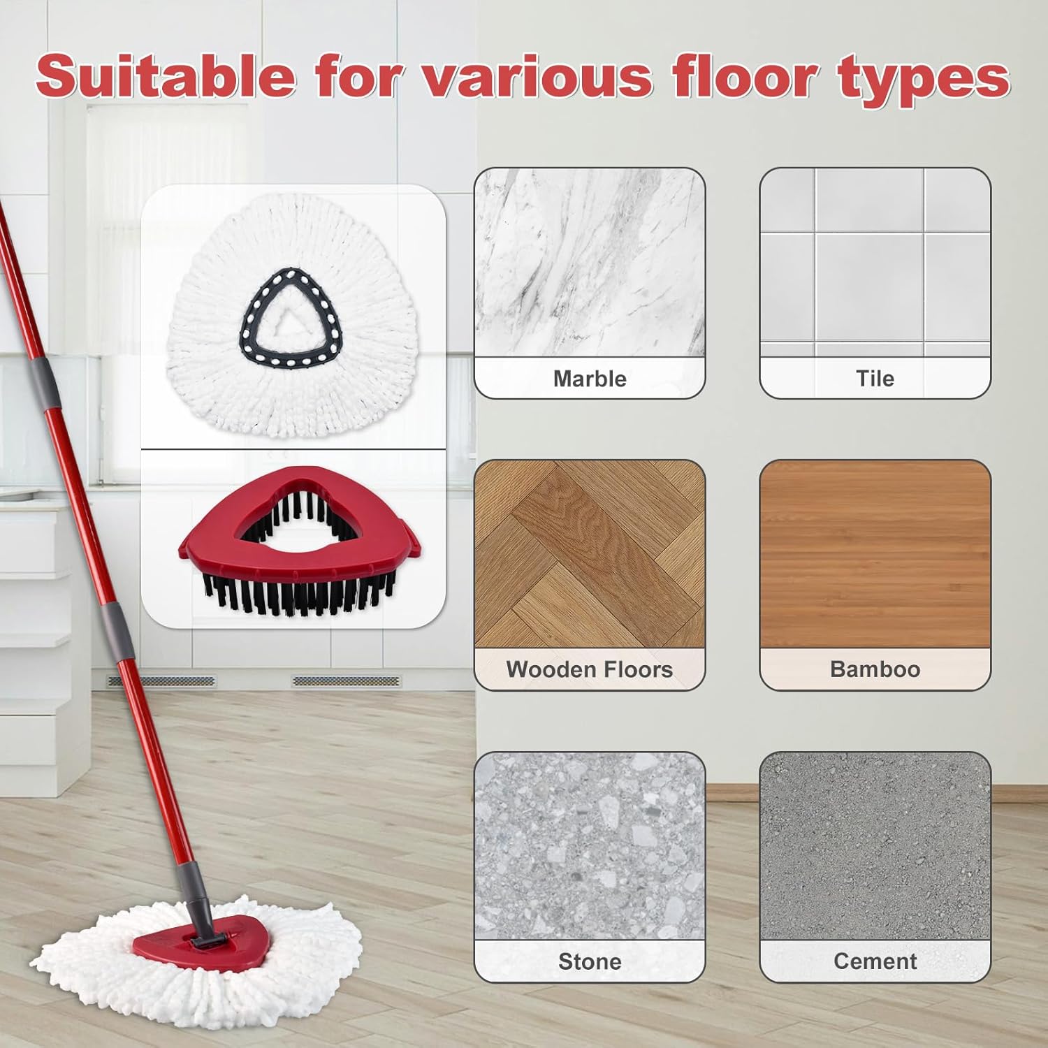 Mop Replacement for Ocedar, Mop for O Cedar, Replacement Mop for O Cedar Spin Mop Contains 4-Section Mop Handle 2 Mop Replace Head 1 Mop Base 1 Scrubber Mop Head for O-Cedar Spin Mop