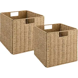 Vagusicc Wicker Baskets, Set of 2 Hand-Woven Storage Baskets for Shelves with Handles, Foldable Cube Wicker Storage Basket Bins Organizer 13 Inches Large Woven Baskets for Storage Organizing & Decor