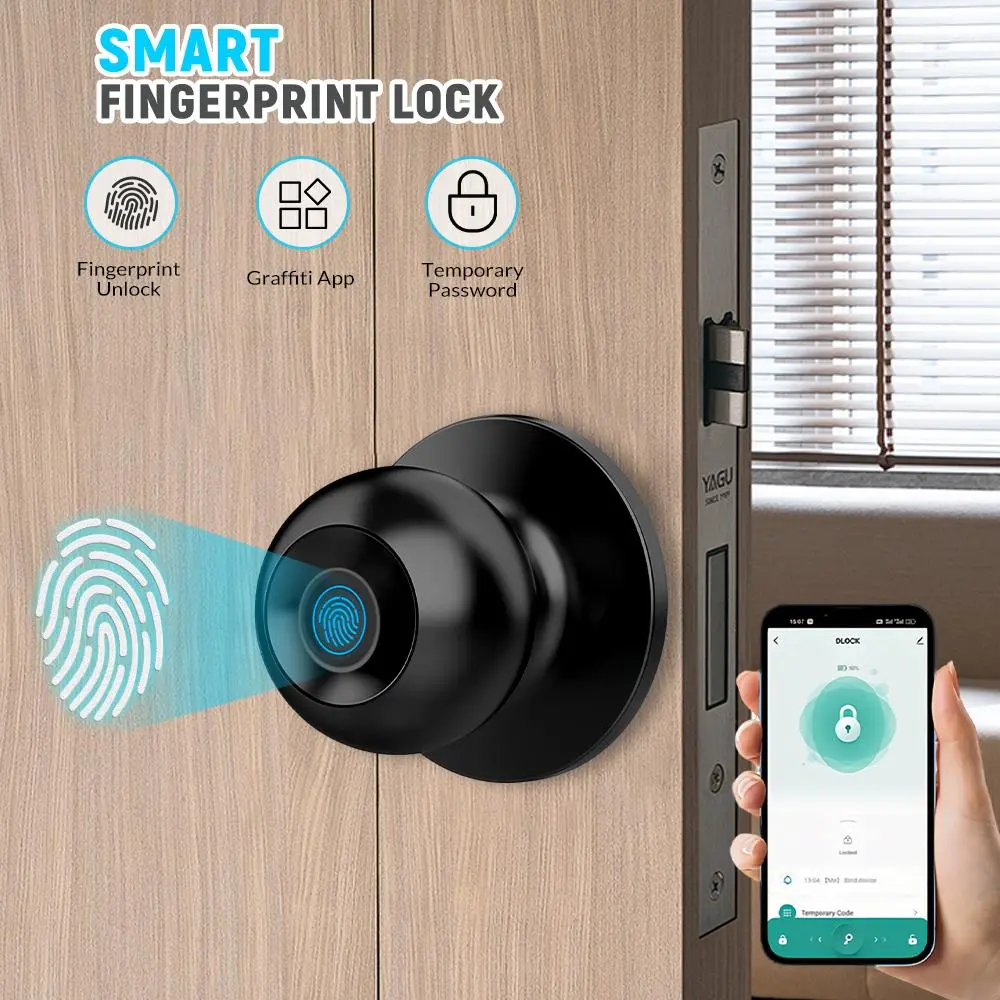 【Toolupgrade】3-in-1 Alloy Aluminum Ball-Shaped Smart Door Lock (Aluminum Surface) - Tuya App Control, Bluetooth, Fingerprint/Mechanical Key Unlock, 3 Lock Modes, Rechargeable Battery, Adjustable Size, for Bedroom/Office, Full Kit, Alloy Aluminum Smart Do