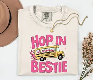 Comfort Colors “Hop In Bestie” Struggle Bus T-Shirt – Funny Mental Health Tee, Cute Matching Shirt for Best Friends Black