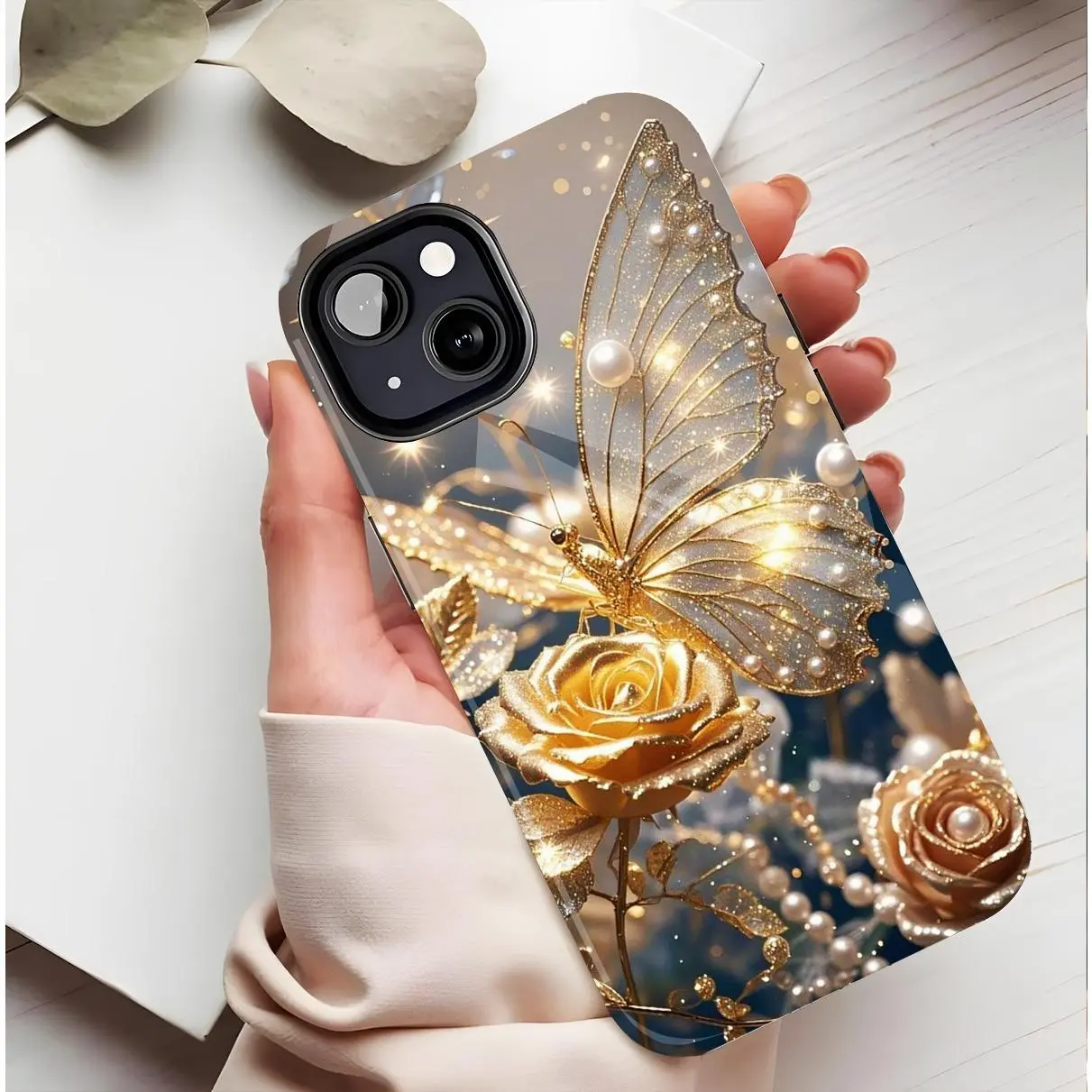 Luxury Gold Butterfly Rose Phone Case with Sparkling Glitter & Pearl Accents - Elegant Design for Holiday Gifts & Daily Use, Durable Shockproof Case, Compatible with iPhone 11/12/13/14/15/16 (Pro Max/Plus) Protection Smartphone Cover Cellphone