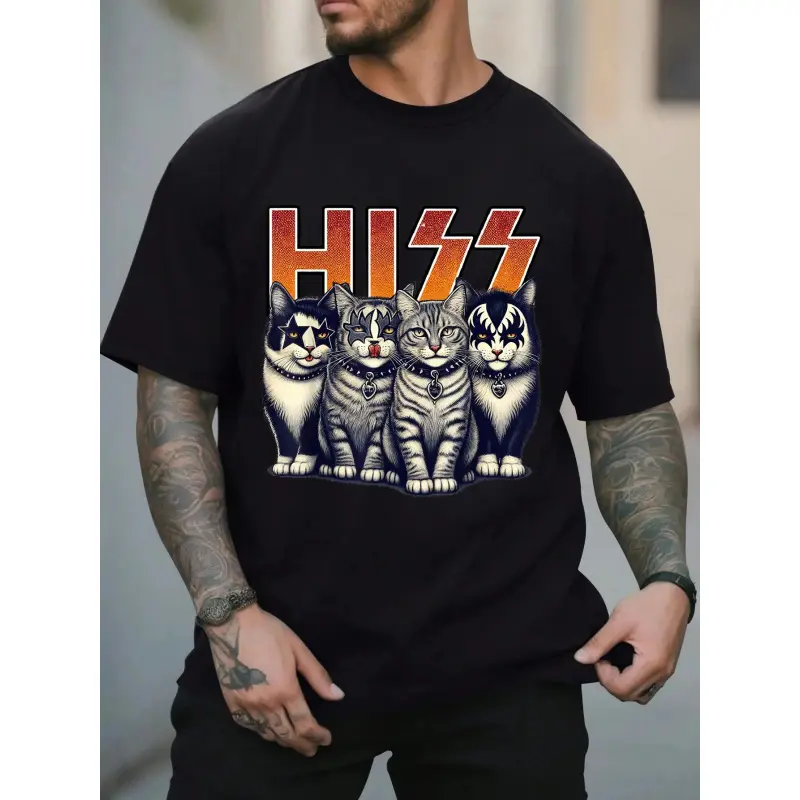 Men's Casual Round Neck Short-Sleeve Cartoon Hiss Cats Kittens Graphic Streetwear T-Shirt - Machine Washable, Unisex All-Season Top, Birthday Gift, Funny Vibes, Normal Type, Funny Vibes Birthday Gift