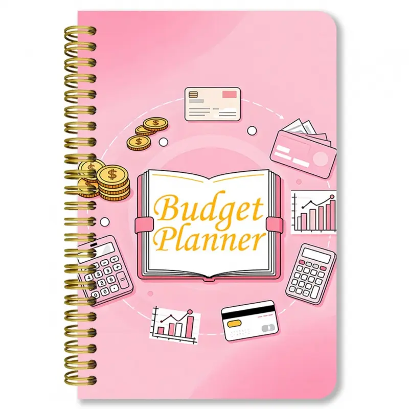 A notebook Planner for financial planning, featuring monthly and weekly budget sheets, spiral-bound, specially designed for adult personal finance management, with a fashionable cover