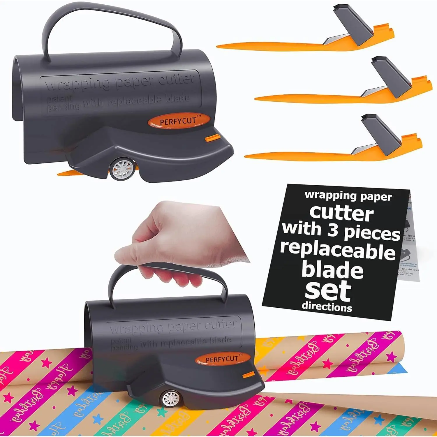 PERFYCUT Wrapping Paper Cutter with 3 Interchangeable Blades and Automatic Ribbon Cutter, Christmas Gift Wrapping Supplies, Tube Holder Sliding Slicer, Office Paper Cutters