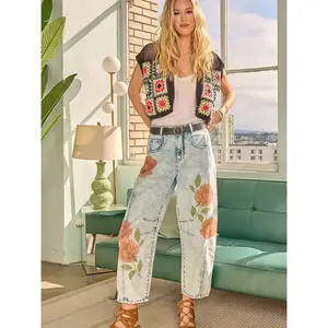 71150 Floral Printed Denim Barrel Jeans