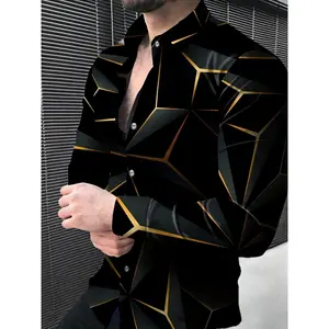 Men's Casual Long Sleeve Shirt, Unique Geometric Pattern - Polyester, Button Design, Non-Stretch Fabric, Suitable for Spring/Autumn