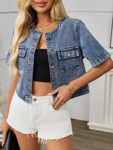 Women's Short Sleeve Denim Jacket, Round Neck Single Button Design, Chest Pocket Detail, Stylish Chic Casual Outerwear for Daily Wear