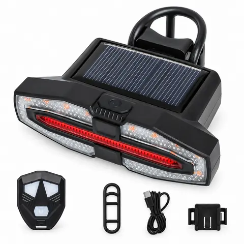 XTAUTO Compact Remote Controller LED Bike Light - Type-C & Solar Charging, Easy Installation, Left-Turn Signal, Multiple Modes, Super Bright for Night Riding Safety, Battery-Powered Bicycle Taillight Reflector