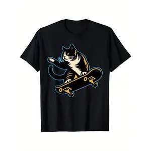 Funny Kitty Tricks Skatepark Cat Riding Skateboard T-Shirt Casual T-Shirt for Outdoor Enthusiasts Comfortable Breathable and Durable Vintage Graphic 100% Pure Cotton 180g Fabric weight T-Shirts