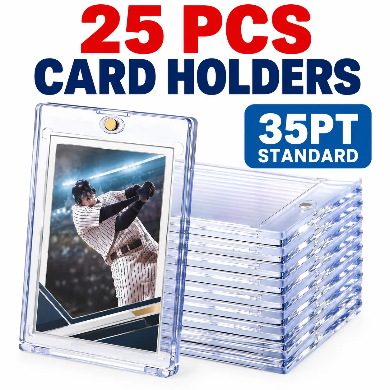 25-Pack 35PT Clear Trading Card Holders, Hard Plastic Card Protector Cases for Sports Cards, Game Cards, Photo Cards and Collectible Display, Transparent Card Storage Set