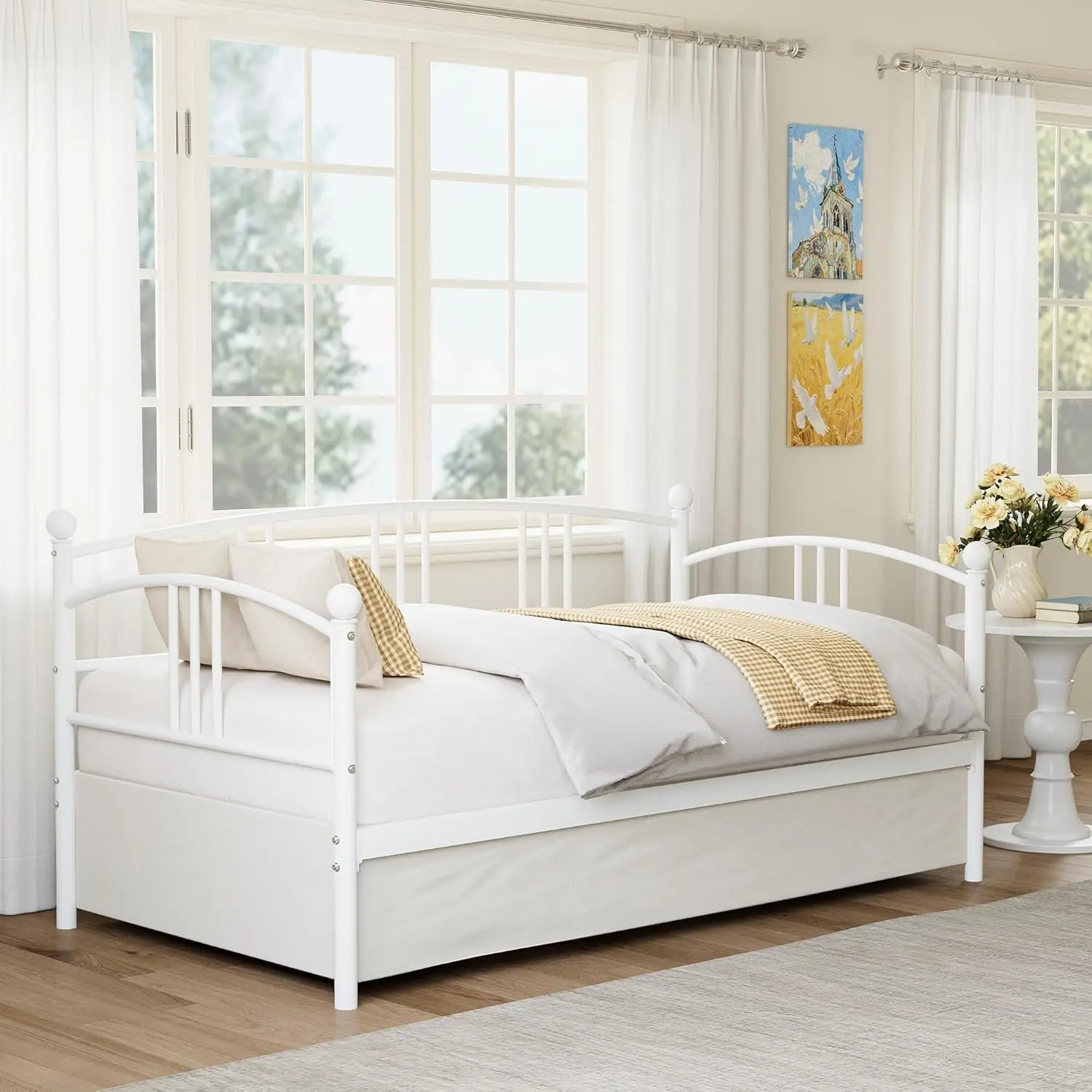 Gaomon White Metal Frame Twin Daybed with Pullout Trundle Bed, 6 Casters for Easy Mobility, Durable Steel Slats Support, Multi-Functional Sofa Bed, Bedroom Bedframe for Living Room Furniture