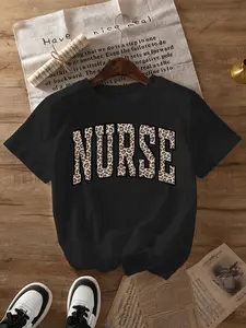 Women'S Nurse T-Shirt, Casual Crew Neck, Knit Fabric Top with Leopard Alphabet Print, Stretchy Elastane Blend, Regular Length, for Summer