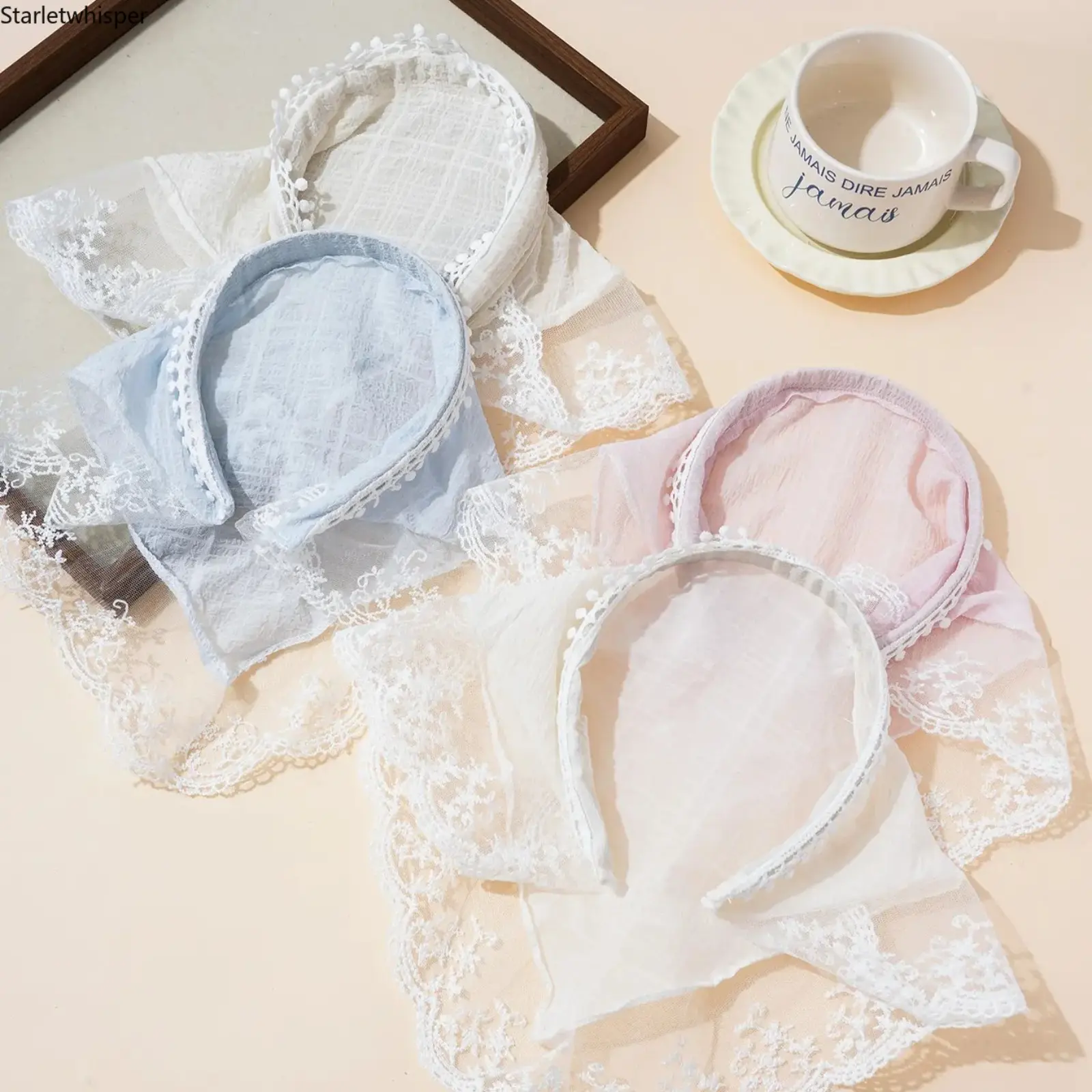 Women's 4-Pcs Solid Color Lace-Trim Mesh Triangle Scarf Headbands, Headband Accessory for Bangs Fixing, Casual Versatile Hair Accessory for Vacation & Daily Outfits
